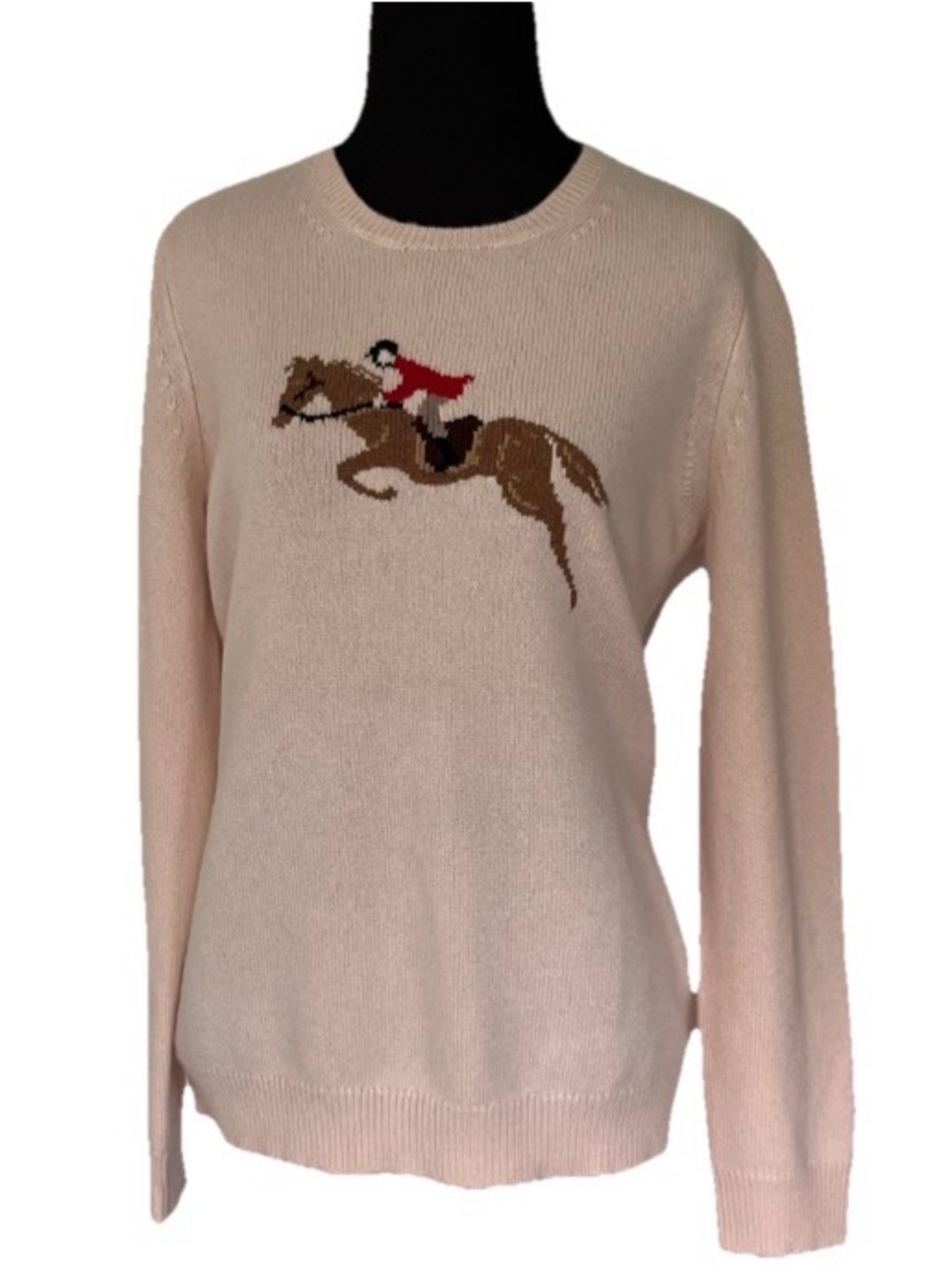 J McLaughlin Cashmere Equestrian Crewneck Sweater Soft Pink Preppy Heritage